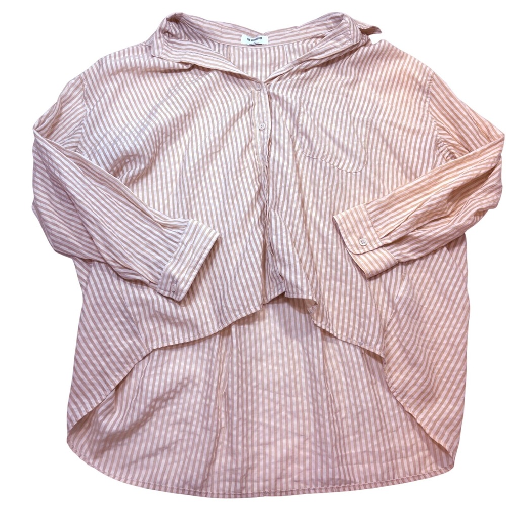 The Workshop Tan White Striped Oversized High Low Button Down Shirt Womens M